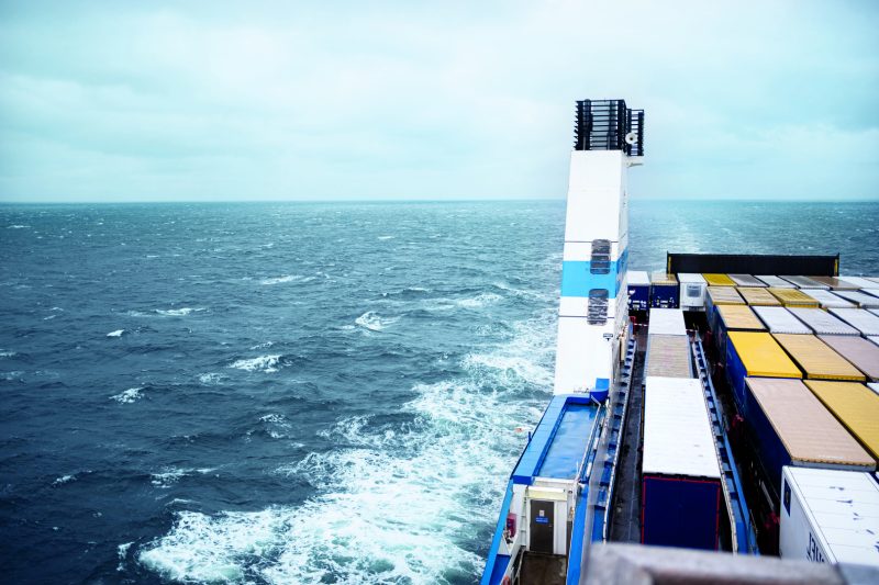 The Star class ro-pax vessel at sea and trailers onboard.