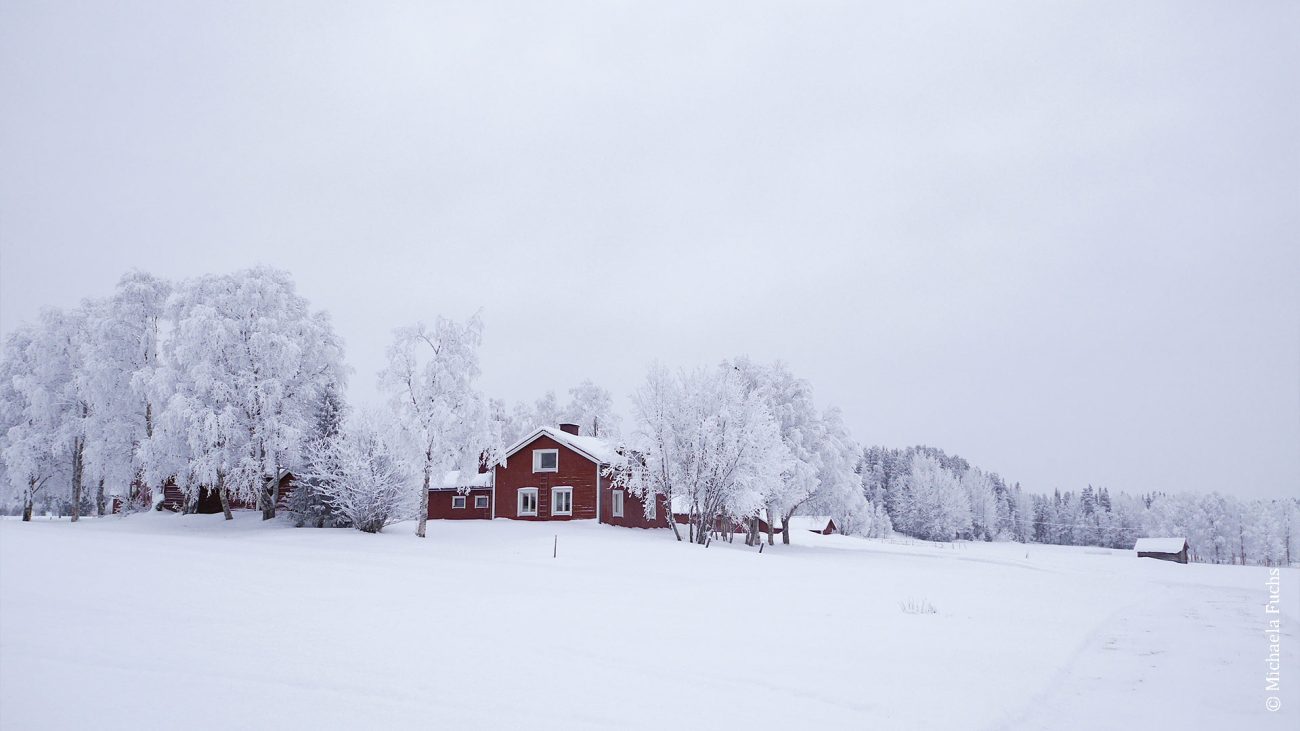 Rotes Ferienhaus inmitten einer Schneelandschaft in Lappland