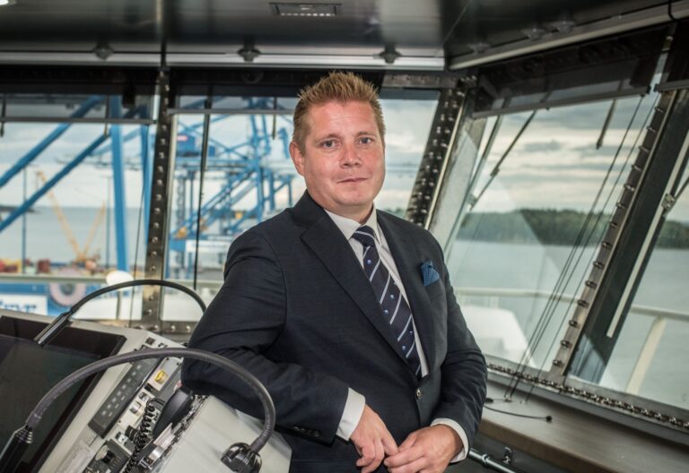 Finnlines' CEO Thomas Doepel on the bridge of a Finnlines vessel