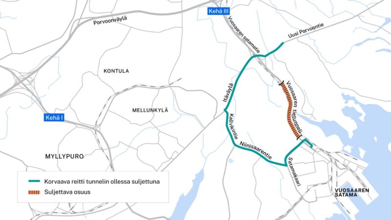 A map (translated to English, map is in Finnish): Renovation work in the Vuosaari tunnel will begin on 6 January 2026, when the tunnel will be closed to traffic. The estimated closure period is approximately one year. During this time, traffic will be diverted to a detour route from Ring Road III via Itäväylä’s Kallvikintie and Niinisaarentie to Vuosaari Harbour.